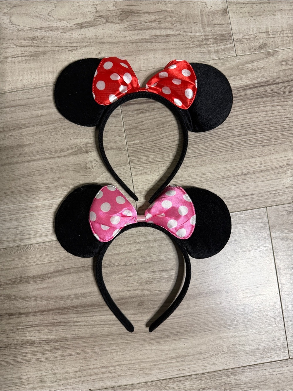 Black Minnie Mouse Ear Headbands with Red and Pink Bows - Set of 2